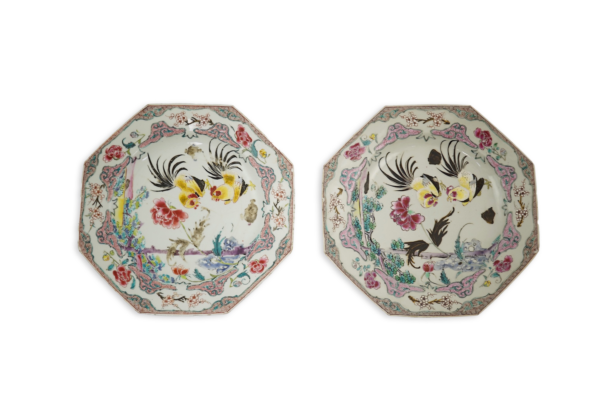 A pair of Chinese famille rose ‘cockerel’ octagonal plates, Yongzheng period